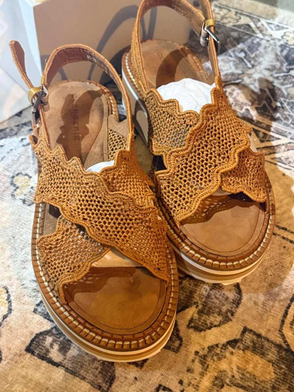 Robert Clergerie Tan Woven Platform Slingback Sandals